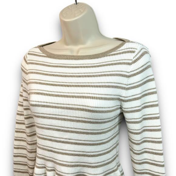 White House Black Market Cream Tan Striped Peplum Ribbed Knit Sweater Size Small - Picture 3 of 8